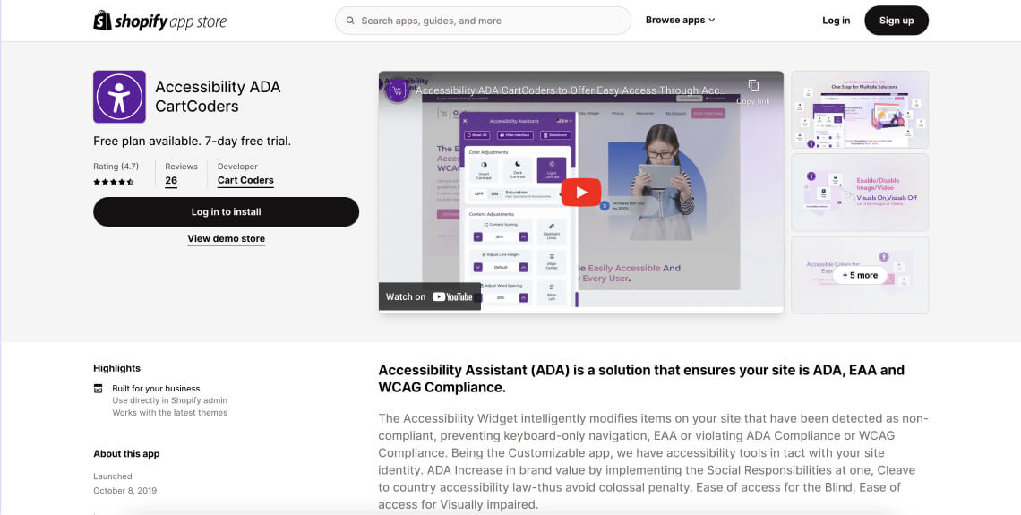Screenshot of the Accessibility ADA CartCoders app on&nbsp;Shopify's app store.